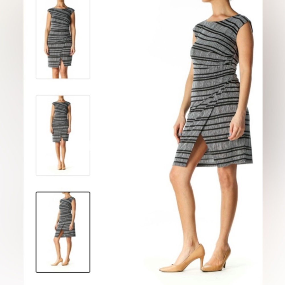LOFT BLACK AND WHITE
STRIPED FAUX WRAP
SLEEVELESS DRESS SIZE SMALL